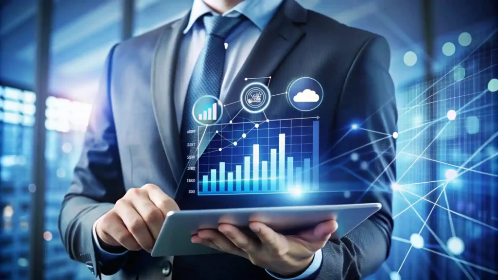 Business professional using a tablet with real-time data visualizations, representing Marinus Services’ business intelligence and analytics capabilities