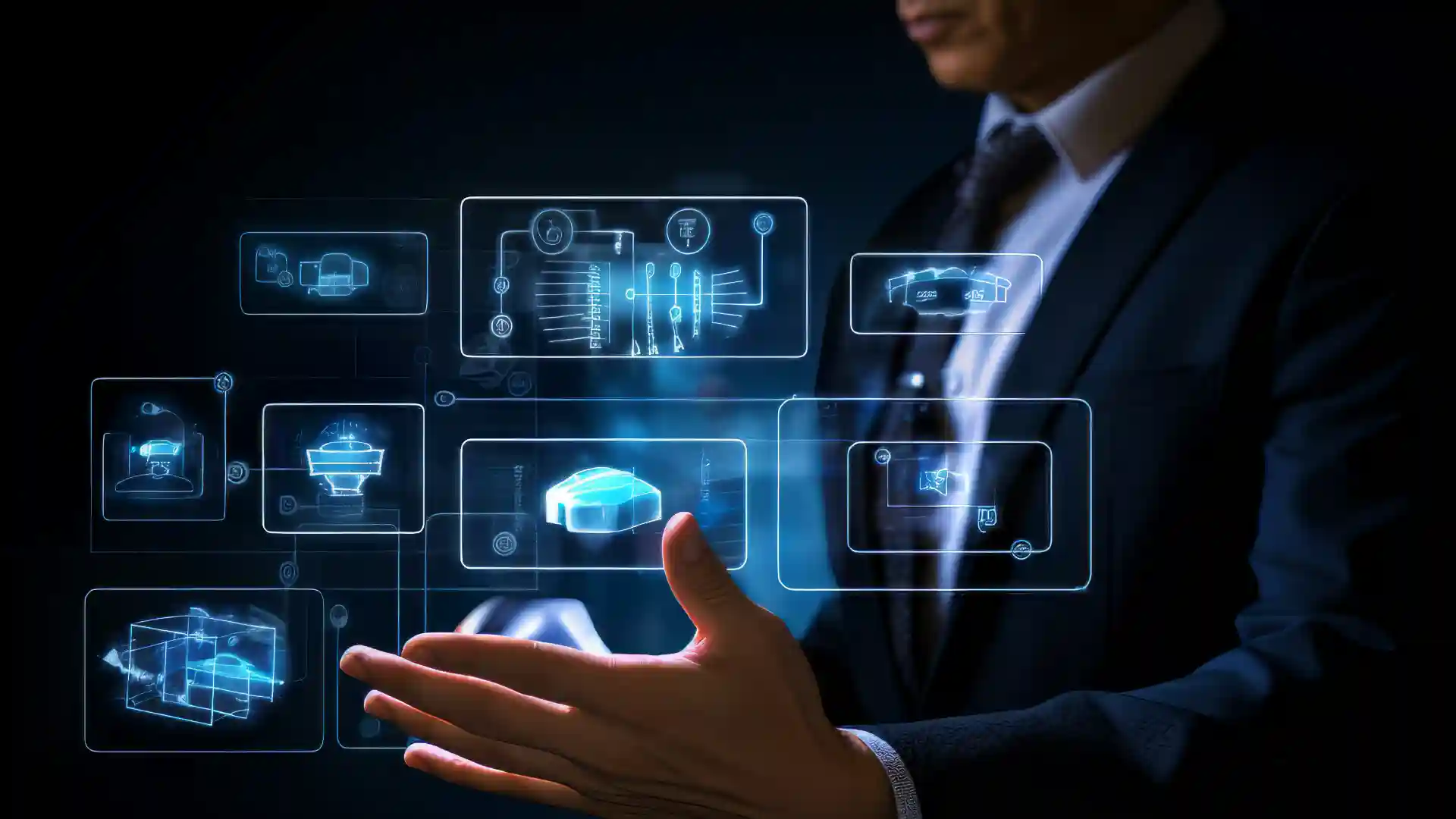 Business professional engaging with futuristic interface to manage operational technology systems