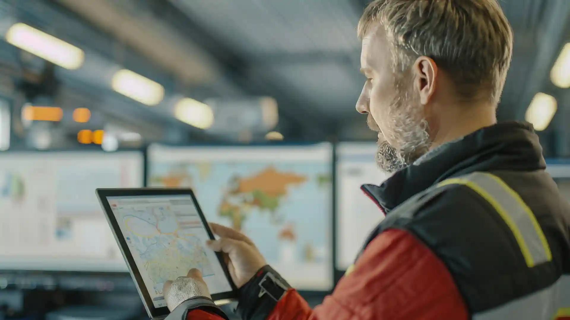 Logistics manager using a tablet to coordinate port operations in a control room